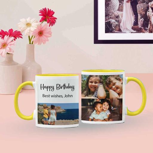 Personalised Yellow Coloured Inside Mug with 3 Photo Collage and Text