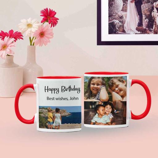 Personalised Red Coloured Inside Mug with 3 Photo Collage and Text