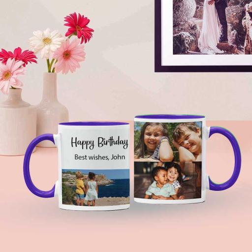 Personalised Purple Coloured Inside Mug with 3 Photo Collage and Text