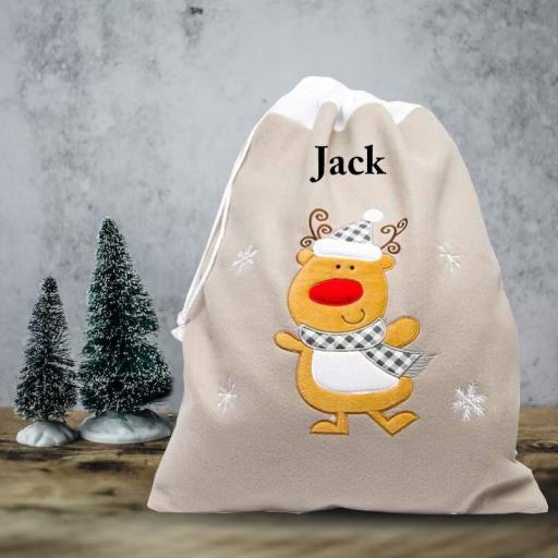 Personalised Silver Reindeer Embroidered Plush Christmas Sack