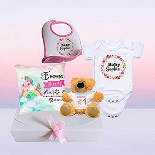 Personalised Baby Hamper - (Cushion, Baby Grow, Bib and a Teddy Bear)
