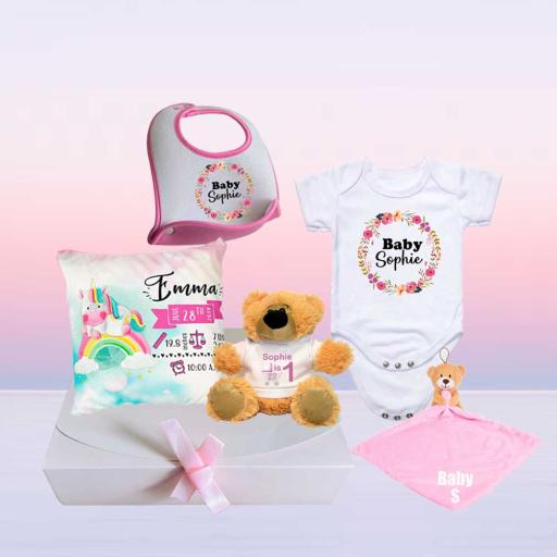 Personalised Baby Hamper - Cushion, Baby Grow, Bib, Teddy Bear and a Comforter